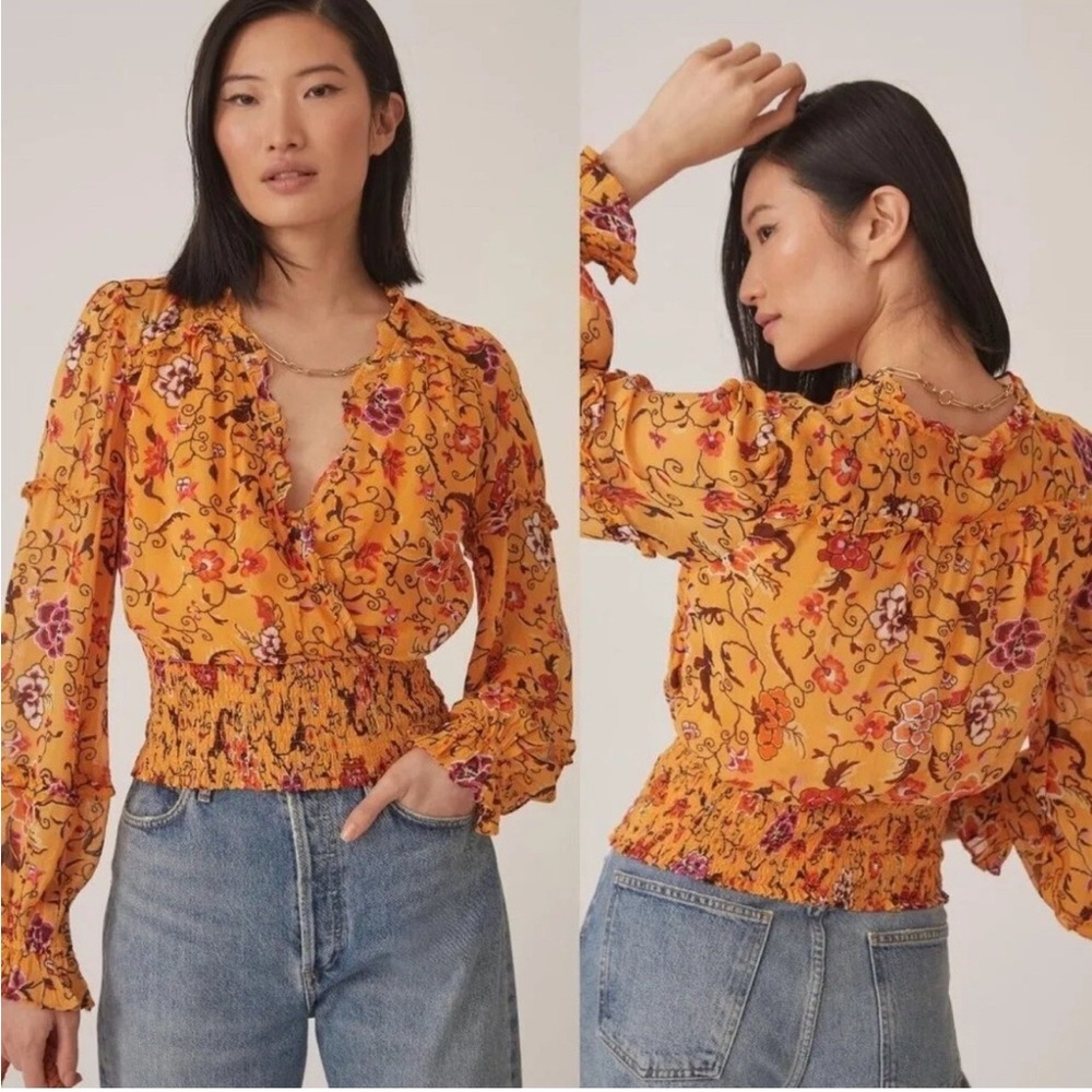 Anthropologie Printed Ruffle Blouse Golden Floral Print - Picture 2 of 7